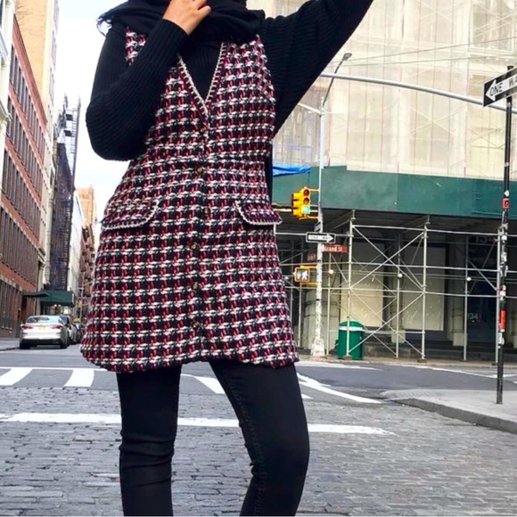 ZARA | TWEED BUTTON FRONT TEXTURED WEAVE MINI DOUBLE BREASTED VEST DRESS SMALL - Picture 2 of 6